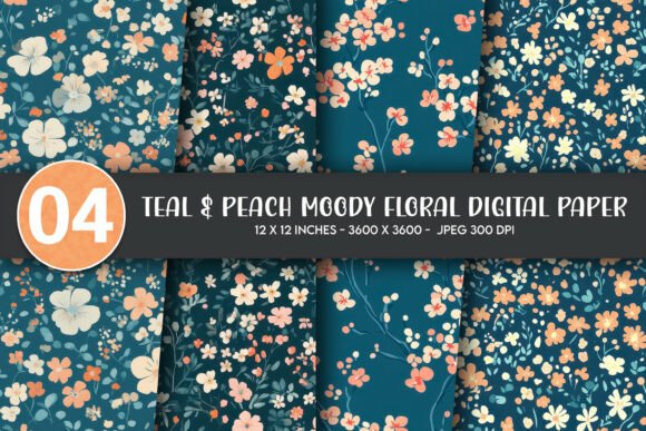 Download Teal &amp; Peach Moody Floral Digital Paper - Moody floral Collection