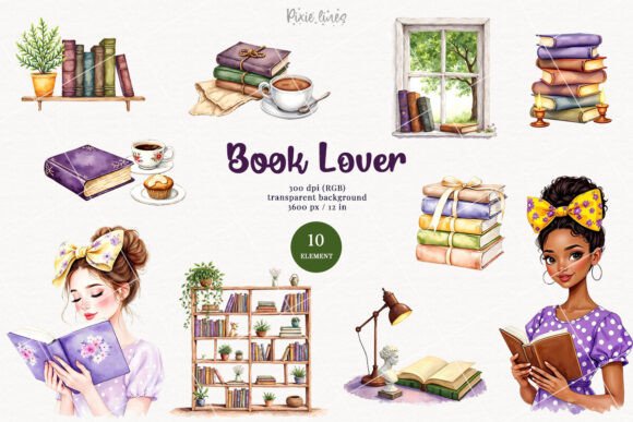 Download Watercolor Book Lover Elements, Bookworm - Premium Resources